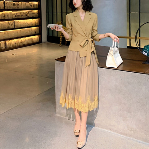 2022 Spring Designers Office Lady Two Piece Outfits Women Retro Lace Up Blazer +Lace Mesh Tulle Midi Skirt Suit Sets