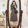 2022 Spring Fall Women Dress Plaid Doll Collar Lace Up Bow Three Quarter Buttons Ladies High Waist Casual Midi Dress DR3058