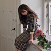 2022 Spring Fall Women Dress Plaid Doll Collar Lace Up Bow Three Quarter Buttons Ladies High Waist Casual Midi Dress DR3058