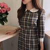 2022 Spring Fall Women Dress Plaid Doll Collar Lace Up Bow Three Quarter Buttons Ladies High Waist Casual Midi Dress DR3058