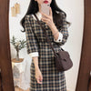 2022 Spring Fall Women Dress Plaid Doll Collar Lace Up Bow Three Quarter Buttons Ladies High Waist Casual Midi Dress DR3058
