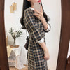 2022 Spring Fall Women Dress Plaid Doll Collar Lace Up Bow Three Quarter Buttons Ladies High Waist Casual Midi Dress DR3058