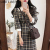 2022 Spring Fall Women Dress Plaid Doll Collar Lace Up Bow Three Quarter Buttons Ladies High Waist Casual Midi Dress DR3058