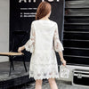 2022 Spring Korean A-line Lace Embroidery Ladies Base Dress White Hollow Mesh Round Neck 3/4 Flared Sleeve Womens Mini Dress