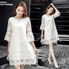 2022 Spring Korean A-line Lace Embroidery Ladies Base Dress White Hollow Mesh Round Neck 3/4 Flared Sleeve Womens Mini Dress