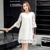 2022 Spring Korean A-line Lace Embroidery Ladies Base Dress White Hollow Mesh Round Neck 3/4 Flared Sleeve Womens Mini Dress