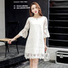 2022 Spring Korean A-line Lace Embroidery Ladies Base Dress White Hollow Mesh Round Neck 3/4 Flared Sleeve Womens Mini Dress