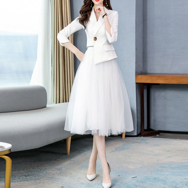 2022 Spring Summer Casual Women Suits Office Sets Suit Women Blazer And Mesh Mid Skirts Suits For Women Blazer Set