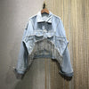 2022 Spring Summer Street Style Collar Long Sleeve Blue Rockets Crystal Tassel Loose Slim Denim Short Jacket Women Clothes