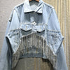 2022 Spring Summer Street Style Collar Long Sleeve Blue Rockets Crystal Tassel Loose Slim Denim Short Jacket Women Clothes