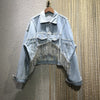 2022 Spring Summer Street Style Collar Long Sleeve Blue Rockets Crystal Tassel Loose Slim Denim Short Jacket Women Clothes