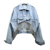 2022 Spring Summer Street Style Collar Long Sleeve Blue Rockets Crystal Tassel Loose Slim Denim Short Jacket Women Clothes