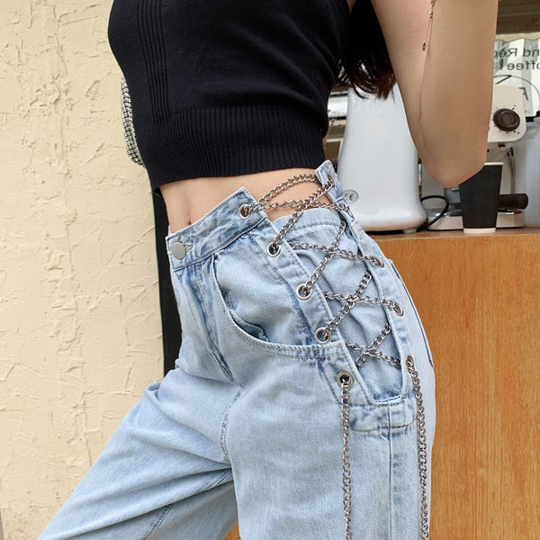 2022 Spring autumn  harajuku high waist with Chain design  jeans woman leisure streetwear hip hop pants