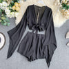 2023 Summer 2 Piece Outfits For Women Flare Sleeve Crop Top + Broad-legged Shorts Ladies Sexy Solid Chiffon Suit Set