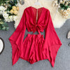 2023 Summer 2 Piece Outfits For Women Flare Sleeve Crop Top + Broad-legged Shorts Ladies Sexy Solid Chiffon Suit Set