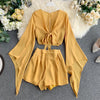 2023 Summer 2 Piece Outfits For Women Flare Sleeve Crop Top + Broad-legged Shorts Ladies Sexy Solid Chiffon Suit Set