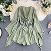 2023 Summer 2 Piece Outfits For Women Flare Sleeve Crop Top + Broad-legged Shorts Ladies Sexy Solid Chiffon Suit Set
