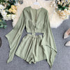 2023 Summer 2 Piece Outfits For Women Flare Sleeve Crop Top + Broad-legged Shorts Ladies Sexy Solid Chiffon Suit Set