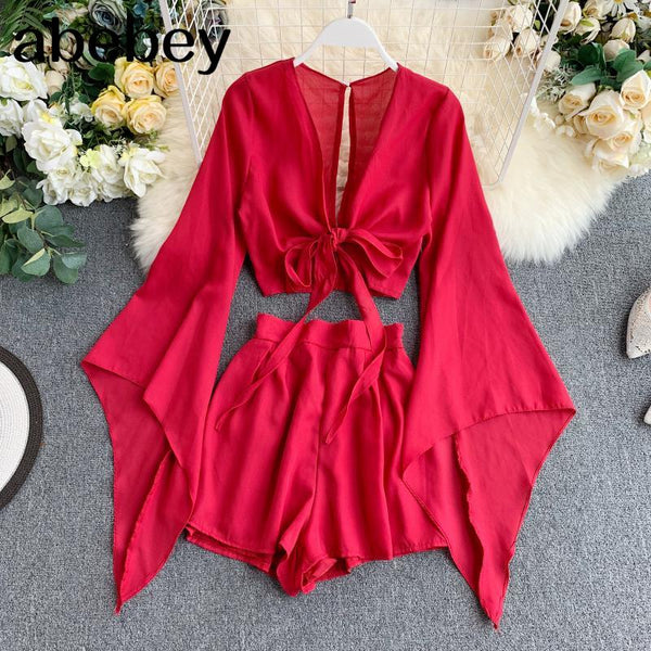 2023 Summer 2 Piece Outfits For Women Flare Sleeve Crop Top + Broad-legged Shorts Ladies Sexy Solid Chiffon Suit Set