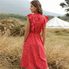 2022  Summer Dot Print Dress Women Casual Butterfly Sleeve Ruffles Medium Long Chiffon Dress