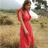 2022  Summer Dot Print Dress Women Casual Butterfly Sleeve Ruffles Medium Long Chiffon Dress