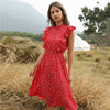 2022  Summer Dot Print Dress Women Casual Butterfly Sleeve Ruffles Medium Long Chiffon Dress