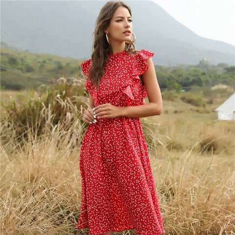 2022  Summer Dot Print Dress Women Casual Butterfly Sleeve Ruffles Medium Long Chiffon Dress