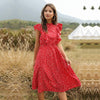 2022  Summer Dot Print Dress Women Casual Butterfly Sleeve Ruffles Medium Long Chiffon Dress