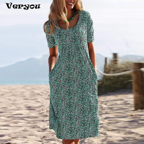 2022  Summer Dress Women Bohemian Short Sleeve Printed Dress Sexy Boho Style Pocket O Neck Loose Dresses For Women