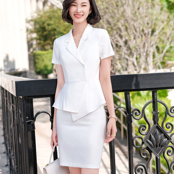 2023 Summer Female Elegant Women's Skirt Suit White Black Blazer Bussiness Jacket Office Lady 2 Pieces Set Plus Size S-5XL