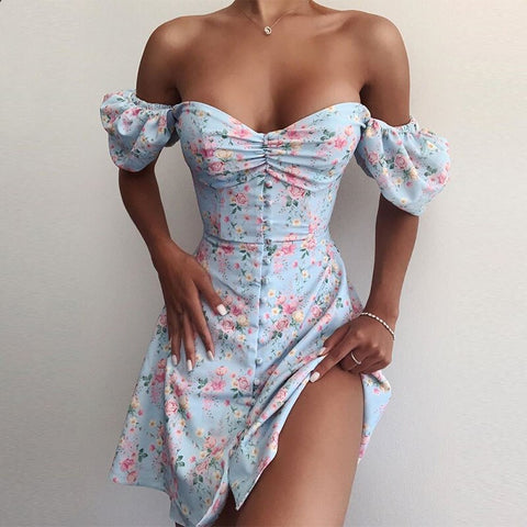 2022  Summer Puff Sleeve Floral Dress Women Short Sleeve Square Neck Vintage Mini Dress Beach Boho Elegant Dresses Female