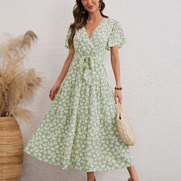 2022  Summer Small Fresh Floral V Neck Short Sleeved Chiffon Dress For Women's Daisy Bandage Large Long Dress