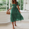 2022  Summer Sundress  Women Sexy Little Daisy Print Puff Sleeve Square Neck Woman Ruffled Waist Mid-calf Dress