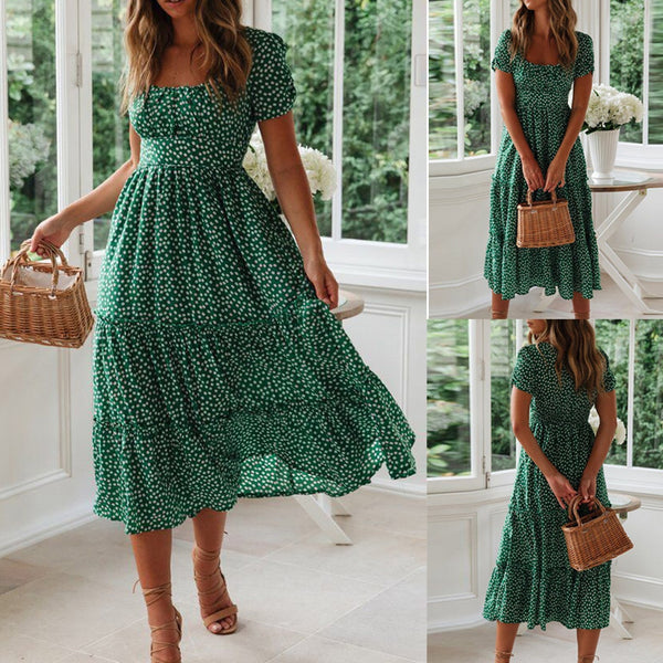 2022  Summer Sundress  Women Sexy Little Daisy Print Puff Sleeve Square Neck Woman Ruffled Waist Mid-calf Dress