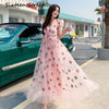 2022  Summer Woman's Dress Pink Strawberry Sequins Embroidery Ruffled Short Sleeve V-neck Dress Holiday Casual Long Dress