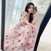 2022  Summer Woman's Dress Pink Strawberry Sequins Embroidery Ruffled Short Sleeve V-neck Dress Holiday Casual Long Dress