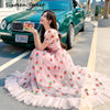 2022  Summer Woman's Dress Pink Strawberry Sequins Embroidery Ruffled Short Sleeve V-neck Dress Holiday Casual Long Dress