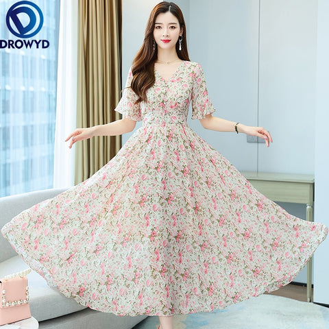 2022  Summer Women Dress  Slim Chiffon floral Print maxi Dress Casual Half Sleeve V-Neck Elegant Office Lady Dresses