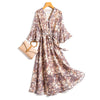 2023 Summer dresses chiffon floral Half Sleeve V-neck Elastic waist  A-Line Slim Long Midi Dress Casual Beach Holidays