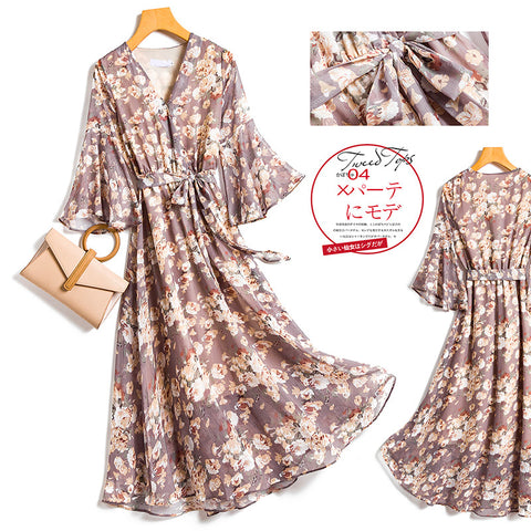 2023 Summer dresses chiffon floral Half Sleeve V-neck Elastic waist  A-Line Slim Long Midi Dress Casual Beach Holidays