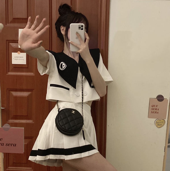 2022 Sweet Women Set Preppy Style Summer Double Breasted Blouse and High Waist Pleated Skirt Japanese Style Jk Set