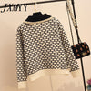 2023 Sweetwear Two Piece Sets Women Geometric Patterns Knitting Cardigans Sweater + Elastic Wide Leg Long Pants Suits Lady