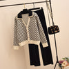 2023 Sweetwear Two Piece Sets Women Geometric Patterns Knitting Cardigans Sweater + Elastic Wide Leg Long Pants Suits Lady