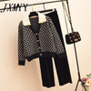 2023 Sweetwear Two Piece Sets Women Geometric Patterns Knitting Cardigans Sweater + Elastic Wide Leg Long Pants Suits Lady