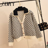 2023 Sweetwear Two Piece Sets Women Geometric Patterns Knitting Cardigans Sweater + Elastic Wide Leg Long Pants Suits Lady