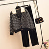 2023 Sweetwear Two Piece Sets Women Geometric Patterns Knitting Cardigans Sweater + Elastic Wide Leg Long Pants Suits Lady