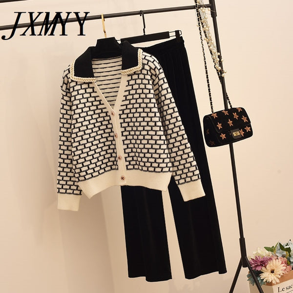 2023 Sweetwear Two Piece Sets Women Geometric Patterns Knitting Cardigans Sweater + Elastic Wide Leg Long Pants Suits Lady