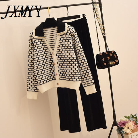 2023 Sweetwear Two Piece Sets Women Geometric Patterns Knitting Cardigans Sweater + Elastic Wide Leg Long Pants Suits Lady