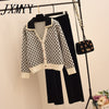 2023 Sweetwear Two Piece Sets Women Geometric Patterns Knitting Cardigans Sweater + Elastic Wide Leg Long Pants Suits Lady