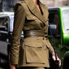 2022 Two Piece Belt Outfits Lady Skirt Suit Women Coat Pencil Skinny Set Elegant Multi-Pockets Blazer Jacket Army Green